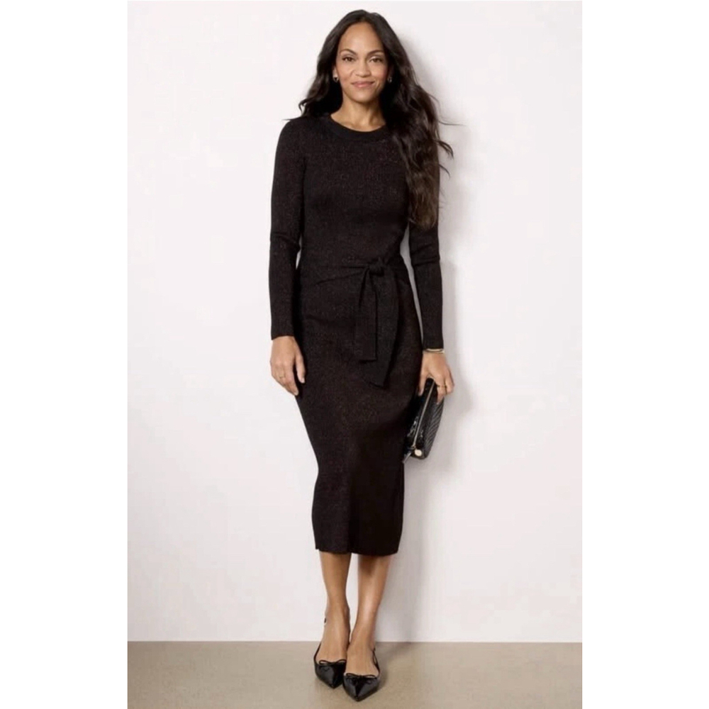 Evereve Alfie Sweater Midi Dress Small Black & Copper Sparkle Bodycon Party Tie
